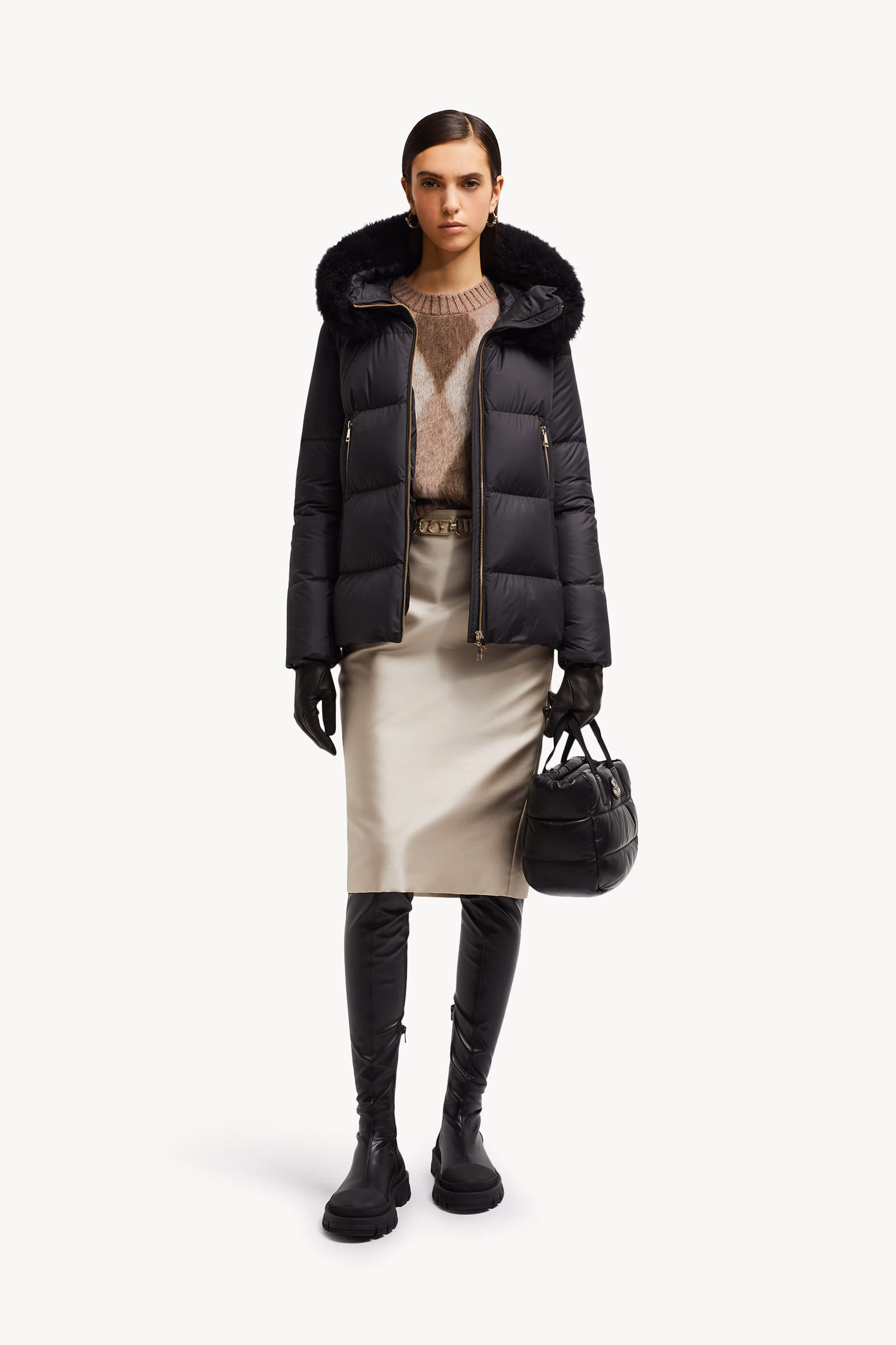 Doudoune courte à capuche bordée de shearling Laichefur Femmes Noir Moncler 0